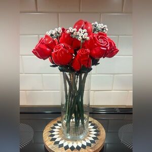 Red Artificial Rose Bouquet in Clear Glass Vase - Unbranded